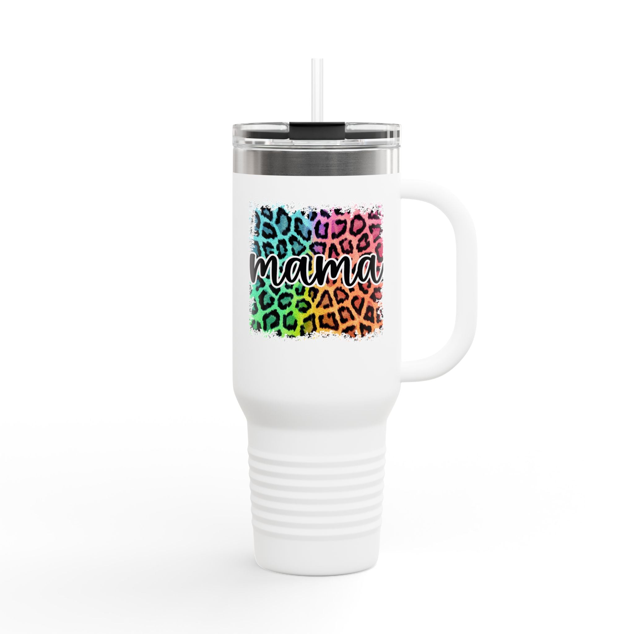 40oz Insulated Travel Mug — Colorful Leopard 'Mama' Design, Thermal Tumbler for Moms