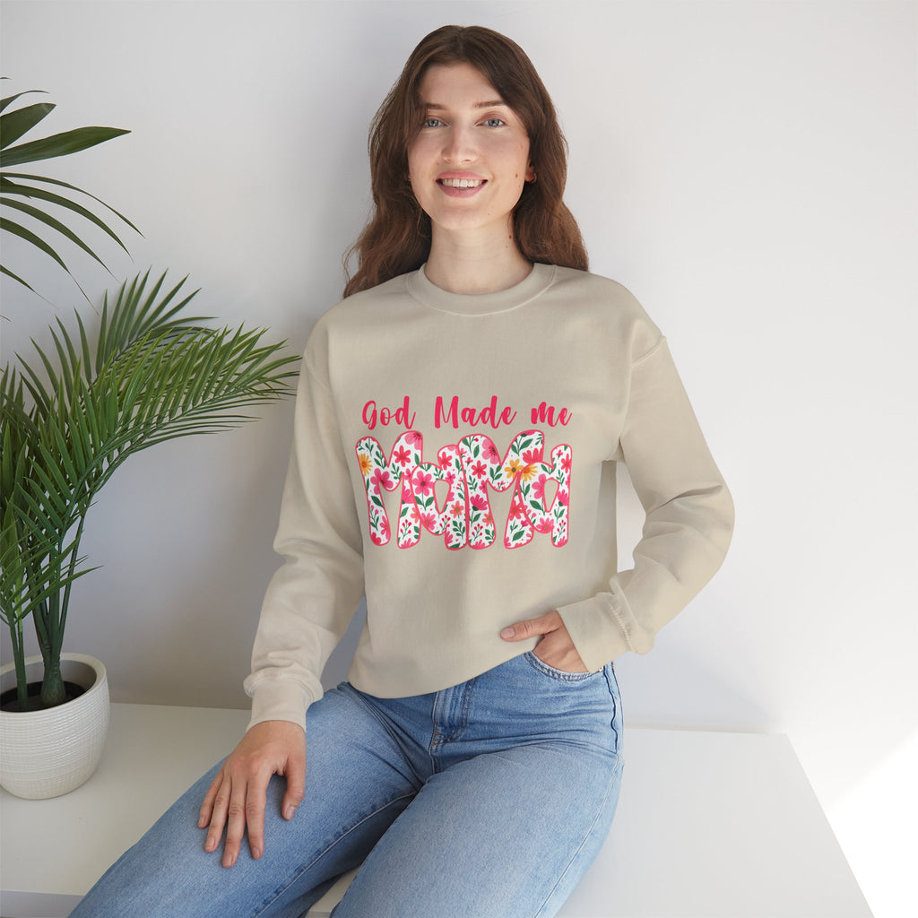Crewneck Sweatshirt — "God Made Me Mama" Floral Graphic