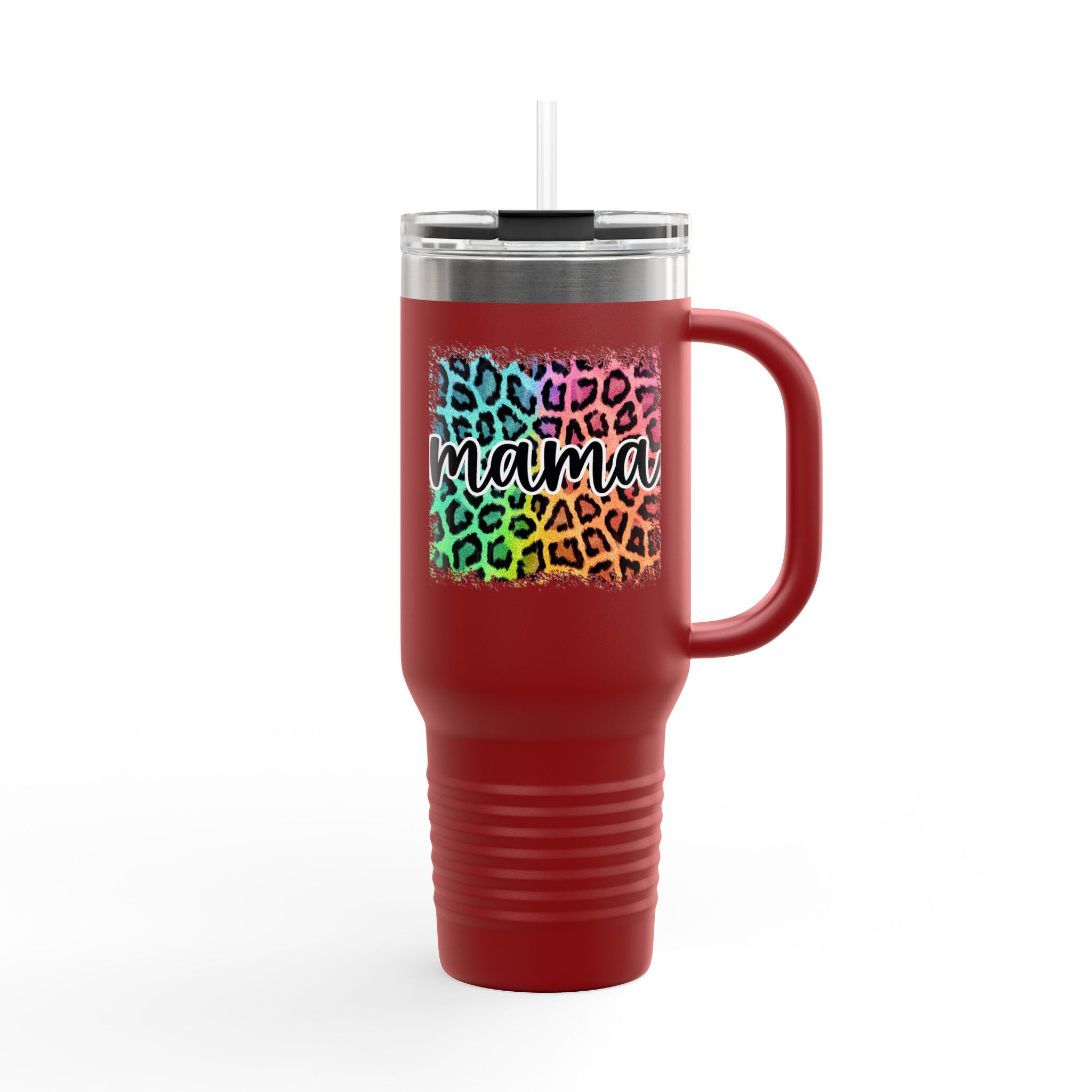 40oz Insulated Travel Mug — Colorful Leopard 'Mama' Design, Thermal Tumbler for Moms