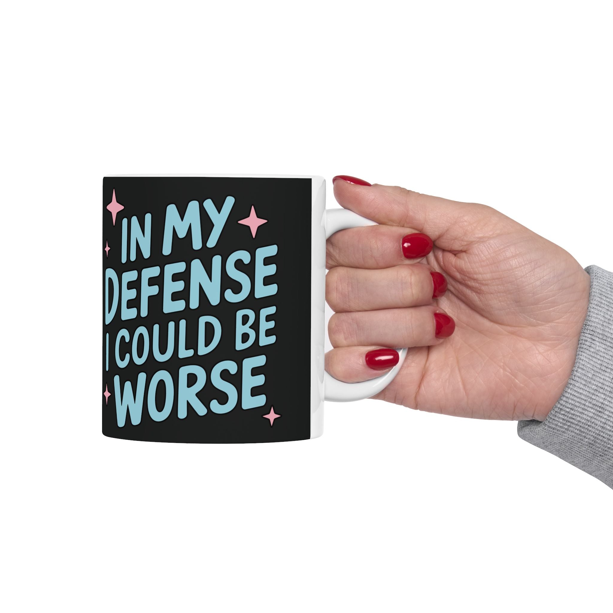 Ceramic Mug — “In My Defense I Could Be A Unicorn” Funny Coffee Tea Cup, Cute Pastel Stars Design