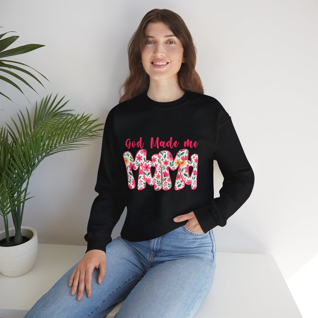 Crewneck Sweatshirt — "God Made Me Mama" Floral Graphic