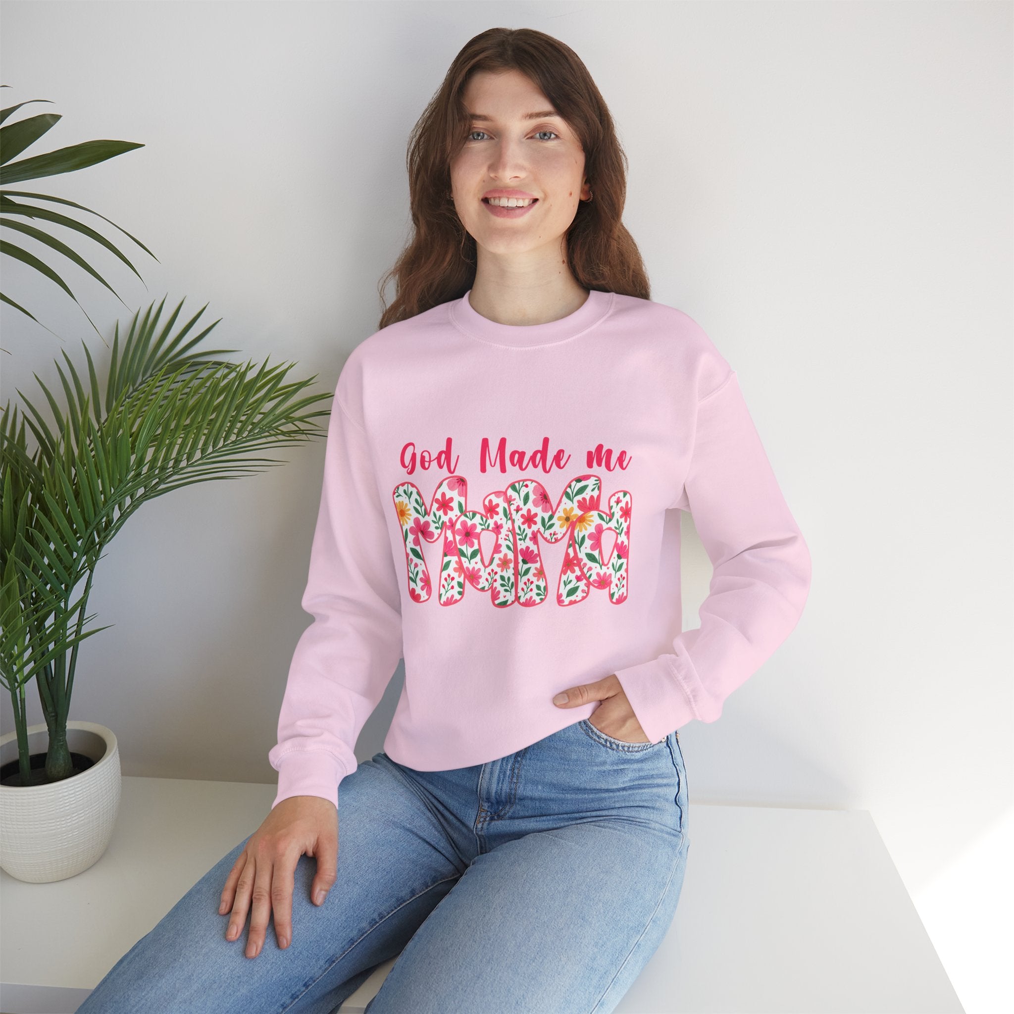 Crewneck Sweatshirt — "God Made Me Mama" Floral Graphic