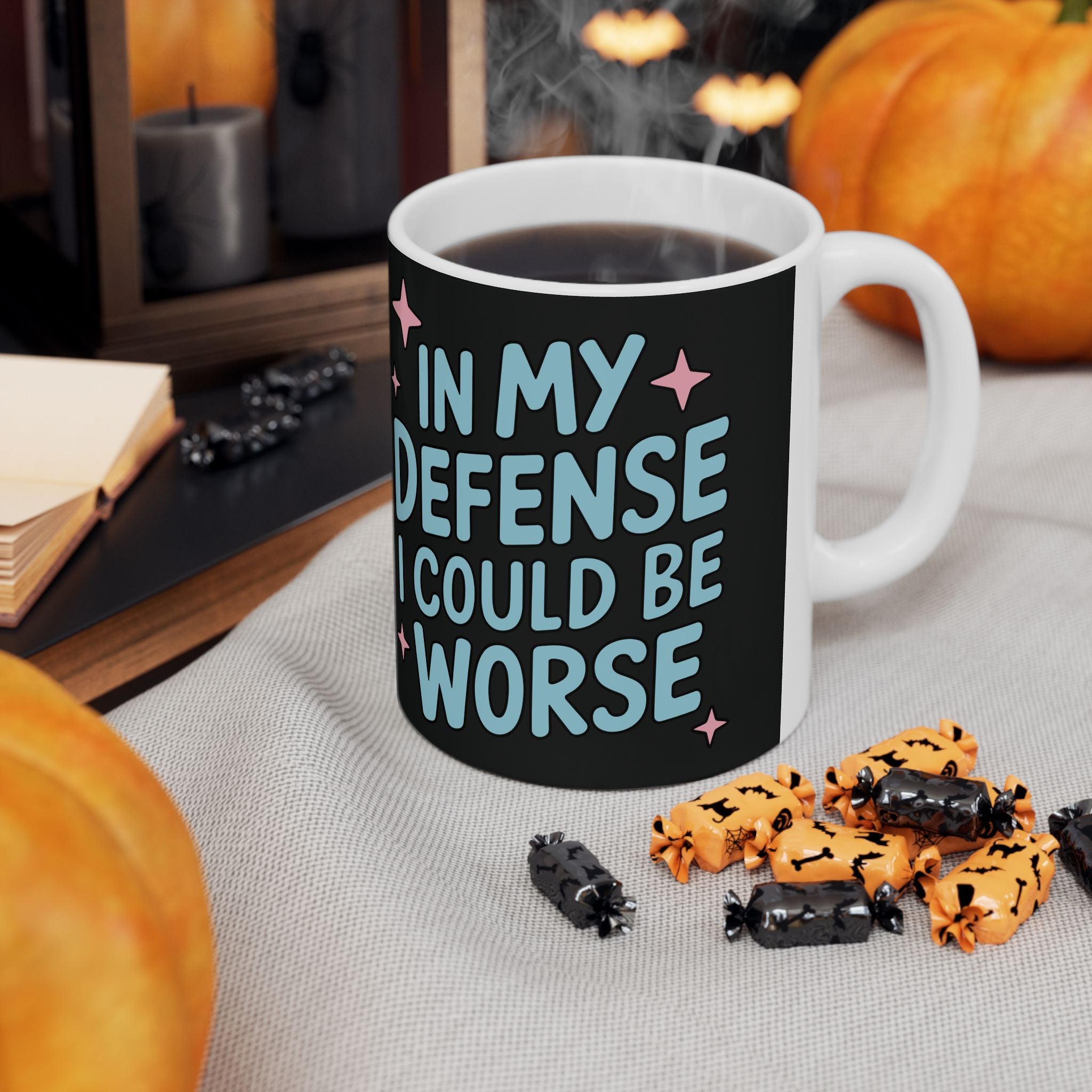 Ceramic Mug — “In My Defense I Could Be A Unicorn” Funny Coffee Tea Cup, Cute Pastel Stars Design