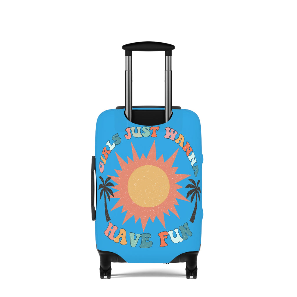 Tanned and Tipsy Luggage Cover | Bright Retro Sun Palm Travel Protector