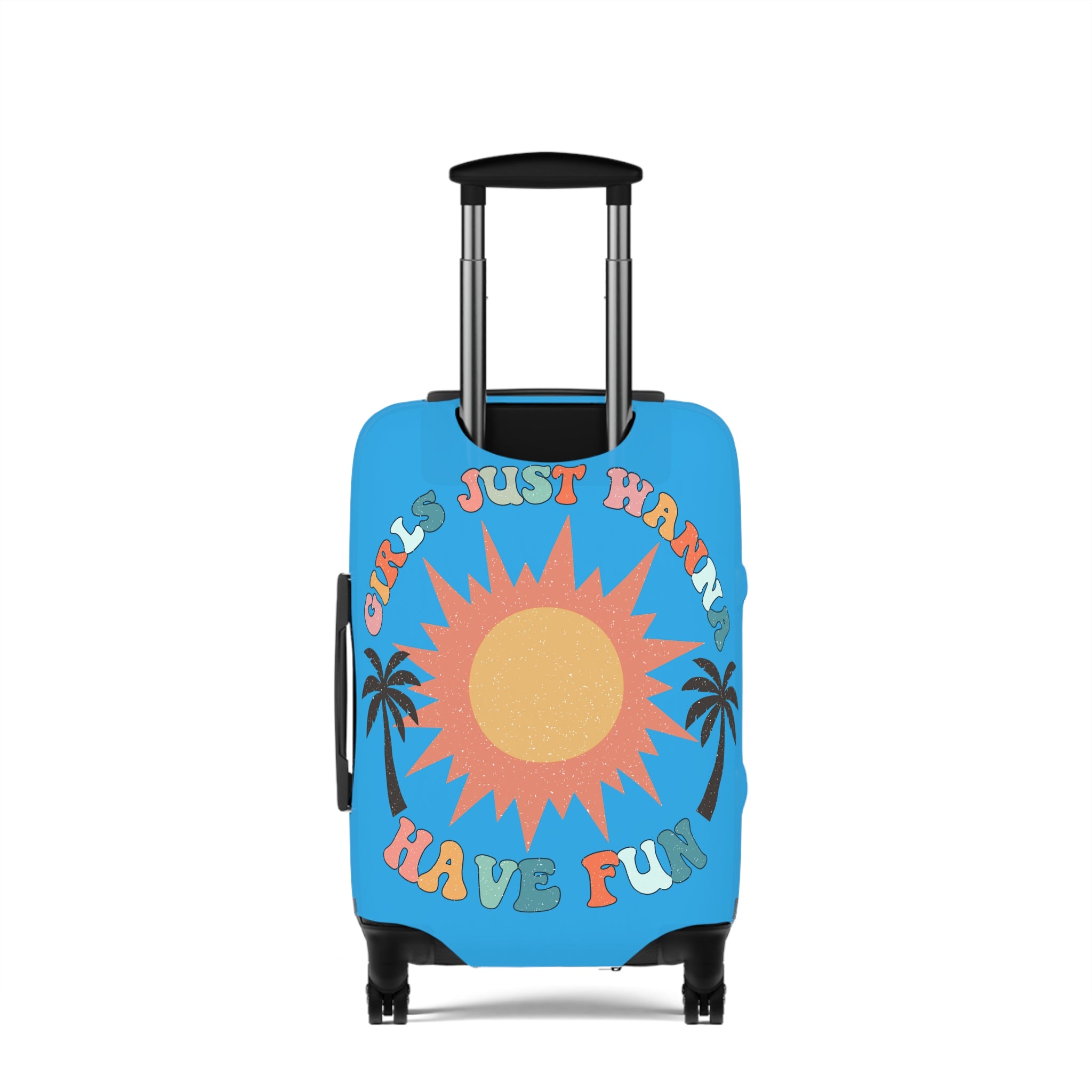 Tanned and Tipsy Luggage Cover | Bright Retro Sun Palm Travel Protector