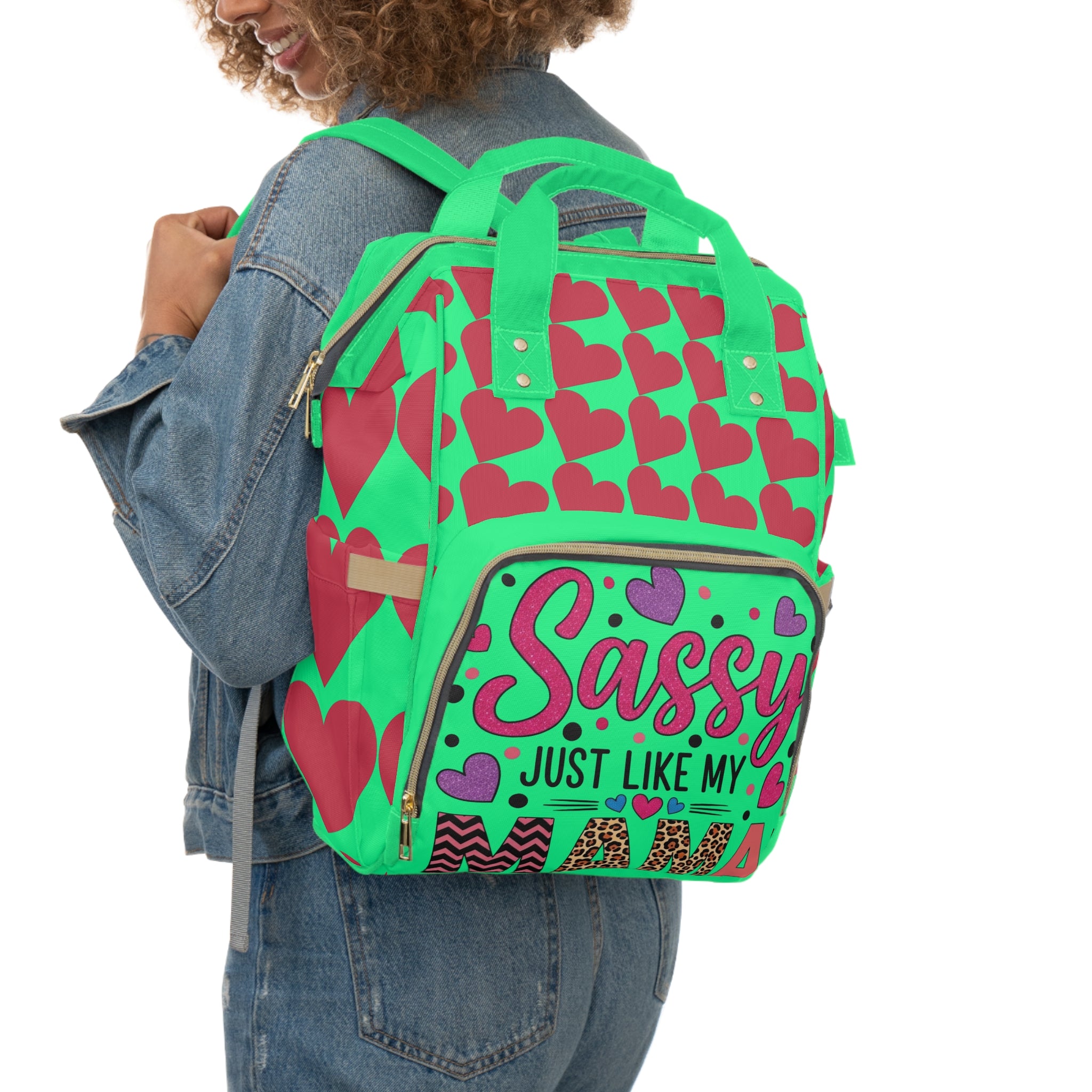 Diaper Backpack — "Sassy Just Like My Mama" Heart Pattern