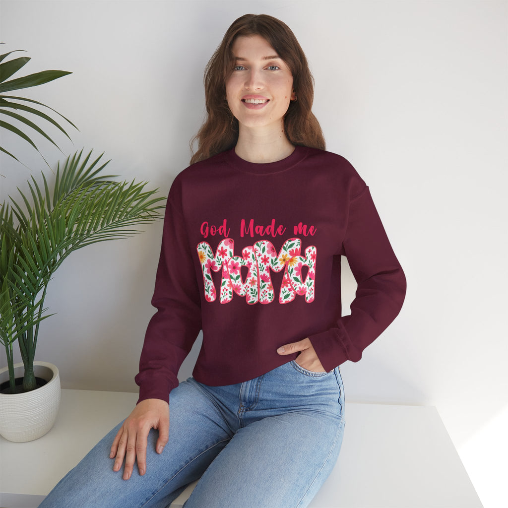Crewneck Sweatshirt — "God Made Me Mama" Floral Graphic