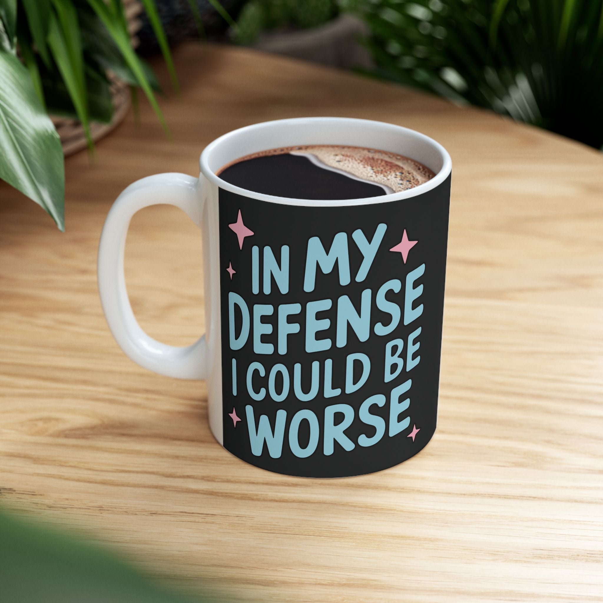 Ceramic Mug — “In My Defense I Could Be A Unicorn” Funny Coffee Tea Cup, Cute Pastel Stars Design