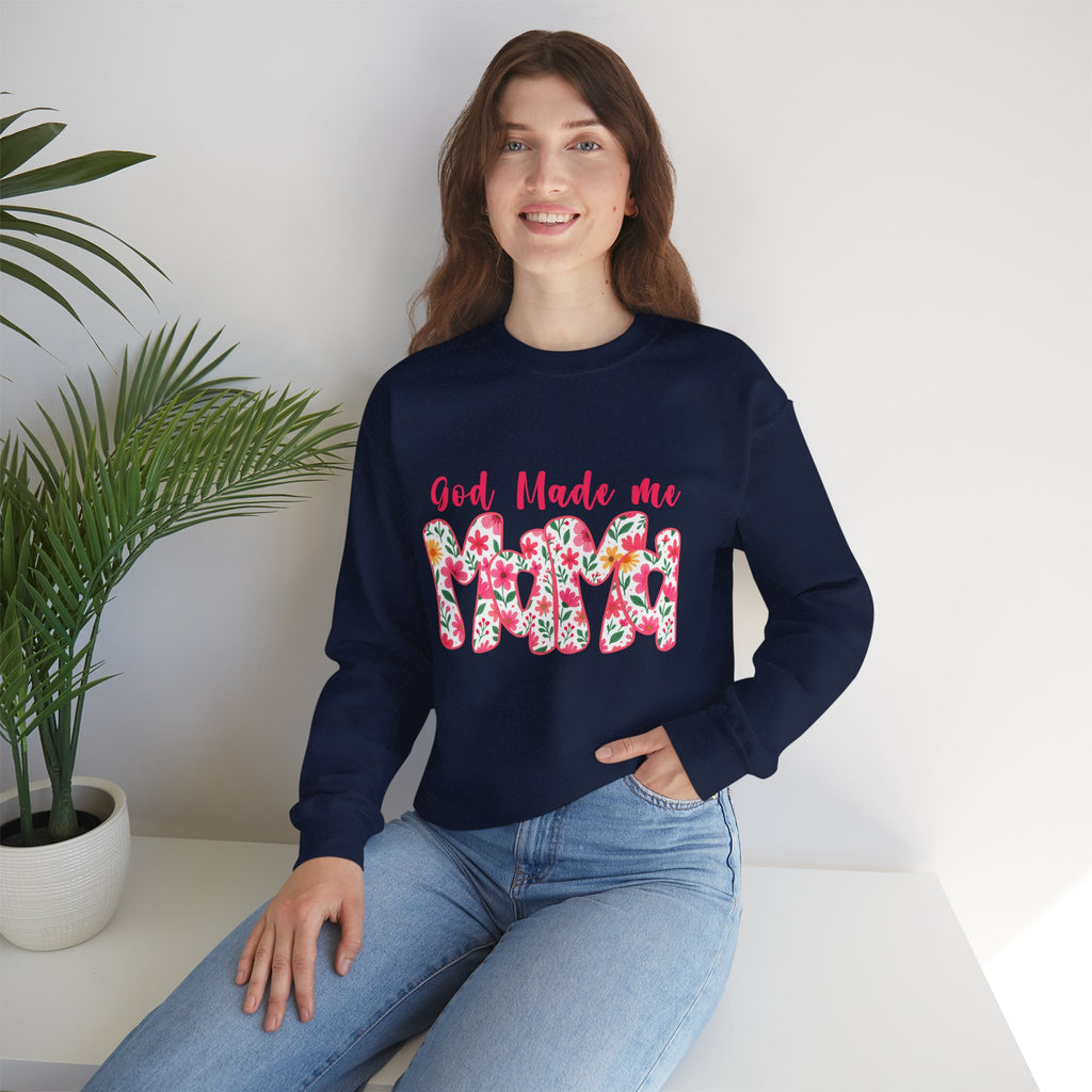 Crewneck Sweatshirt — "God Made Me Mama" Floral Graphic