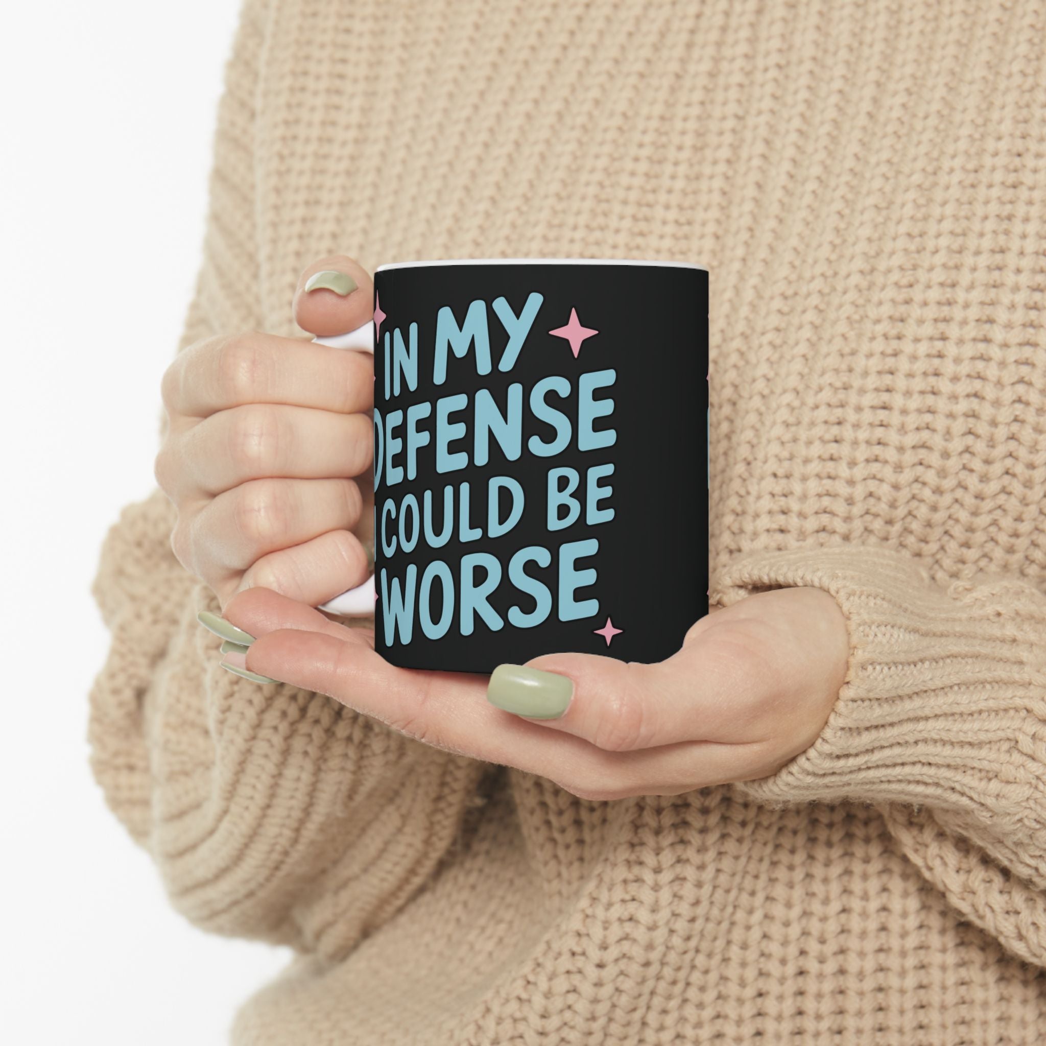 Ceramic Mug — “In My Defense I Could Be A Unicorn” Funny Coffee Tea Cup, Cute Pastel Stars Design