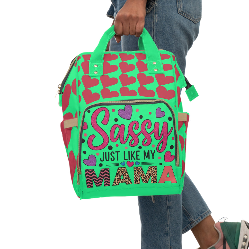 Diaper Backpack — "Sassy Just Like My Mama" Heart Pattern