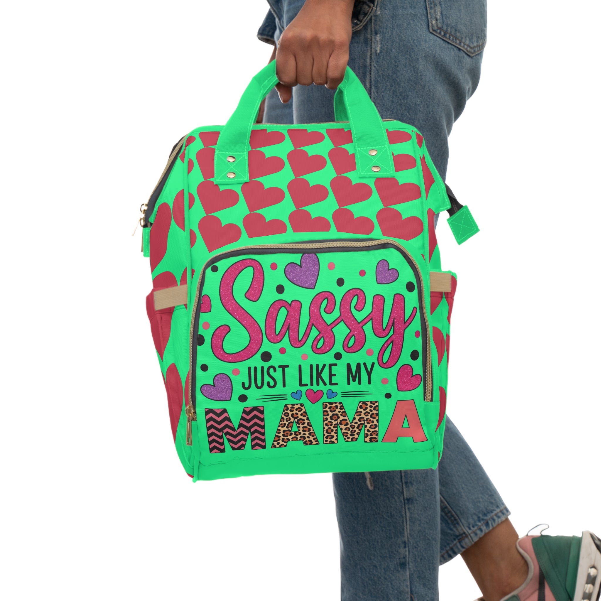 Diaper Backpack — "Sassy Just Like My Mama" Heart Pattern