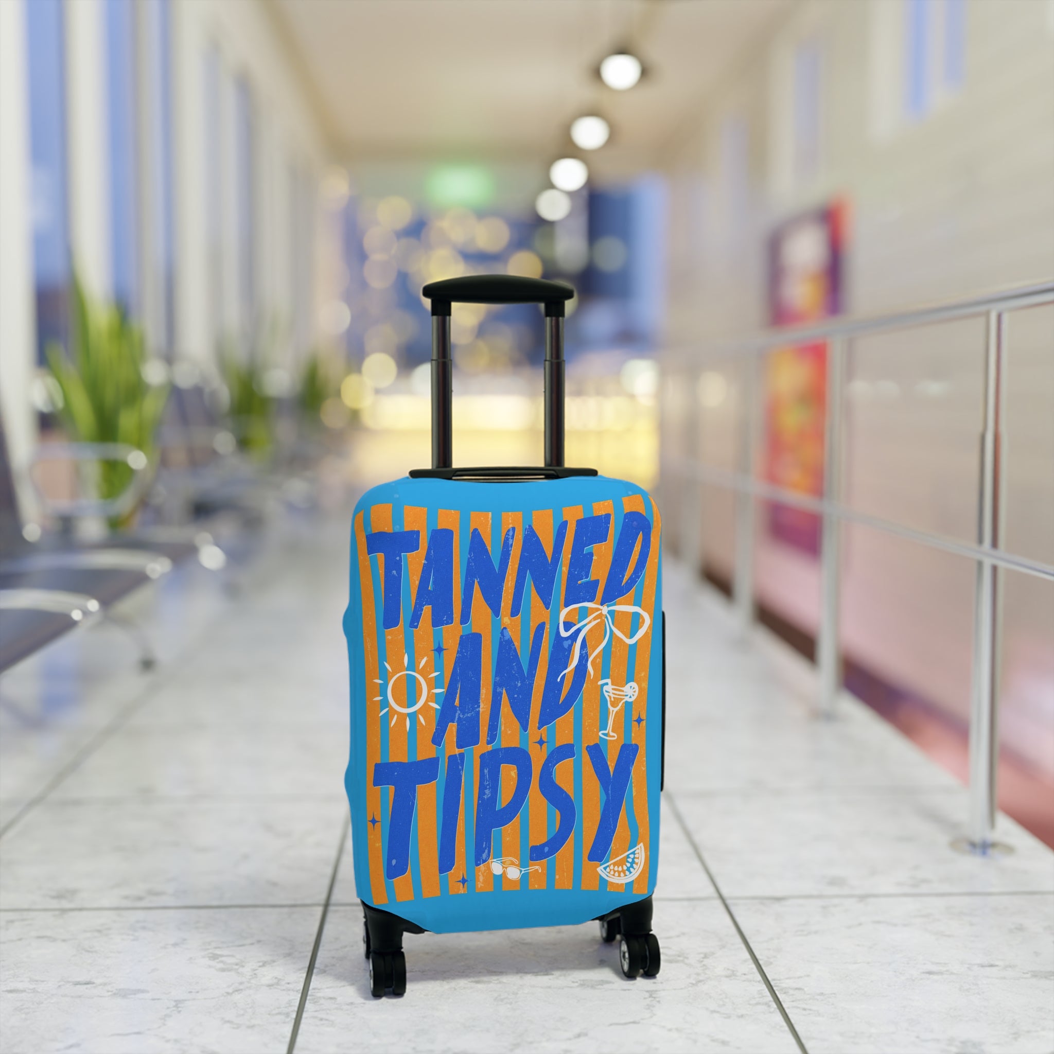 Tanned and Tipsy Luggage Cover | Bright Retro Sun Palm Travel Protector