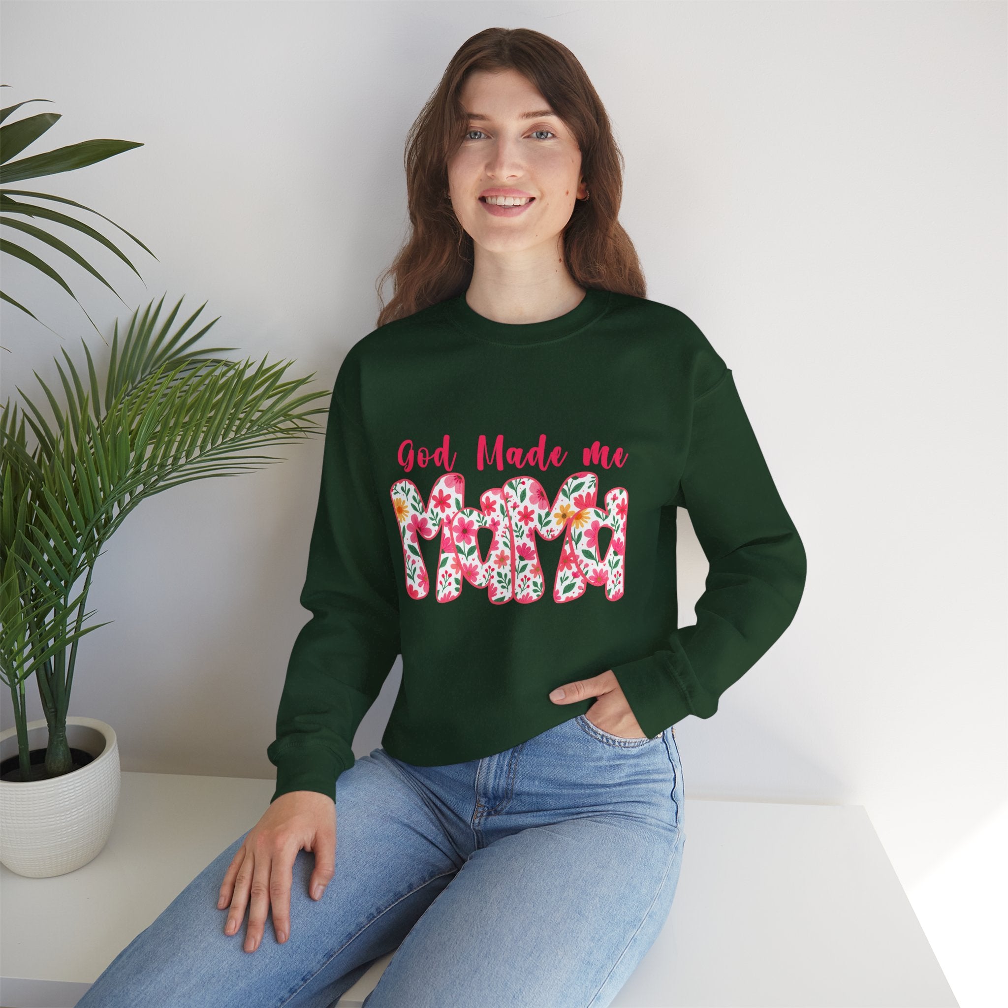 Crewneck Sweatshirt — "God Made Me Mama" Floral Graphic