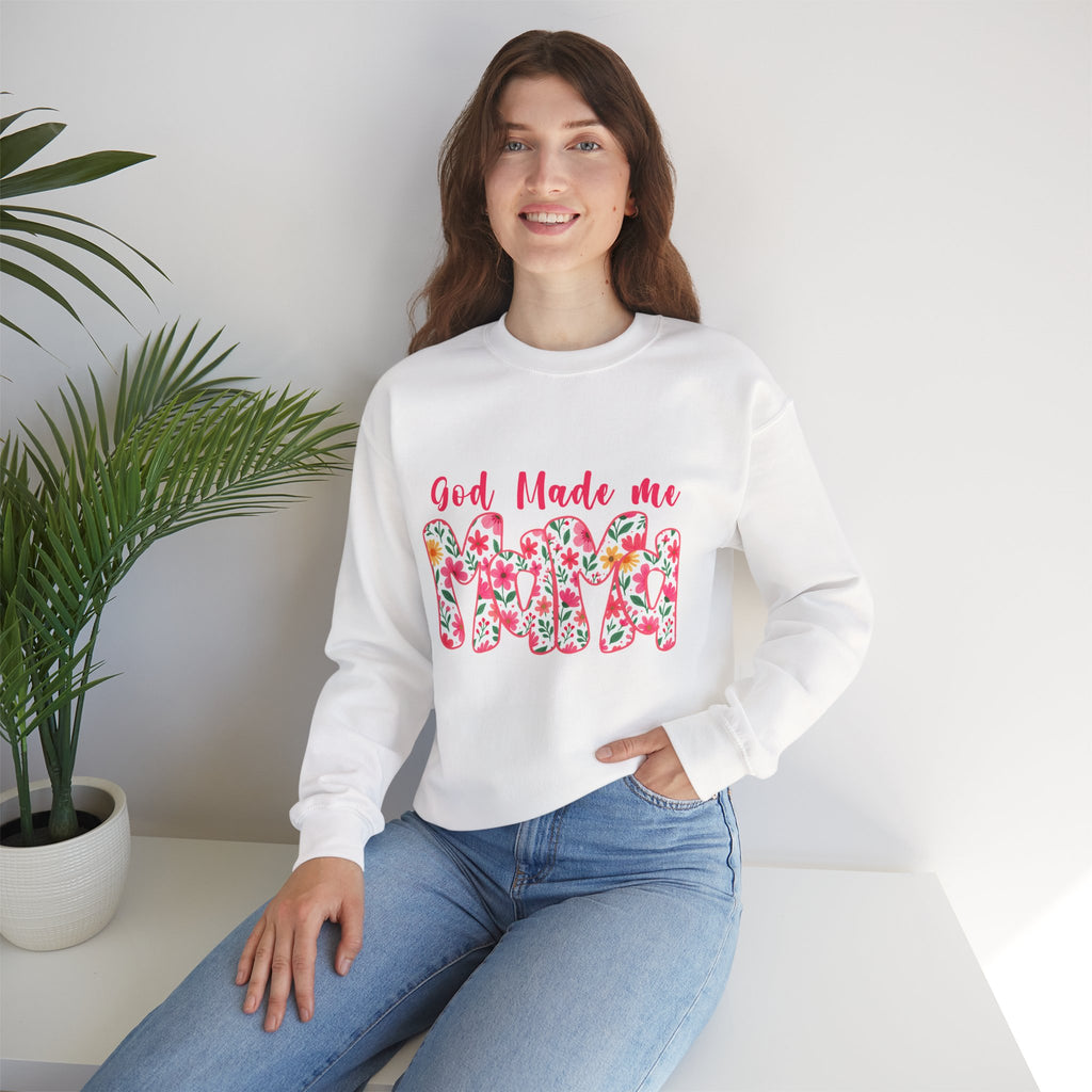 Crewneck Sweatshirt — "God Made Me Mama" Floral Graphic