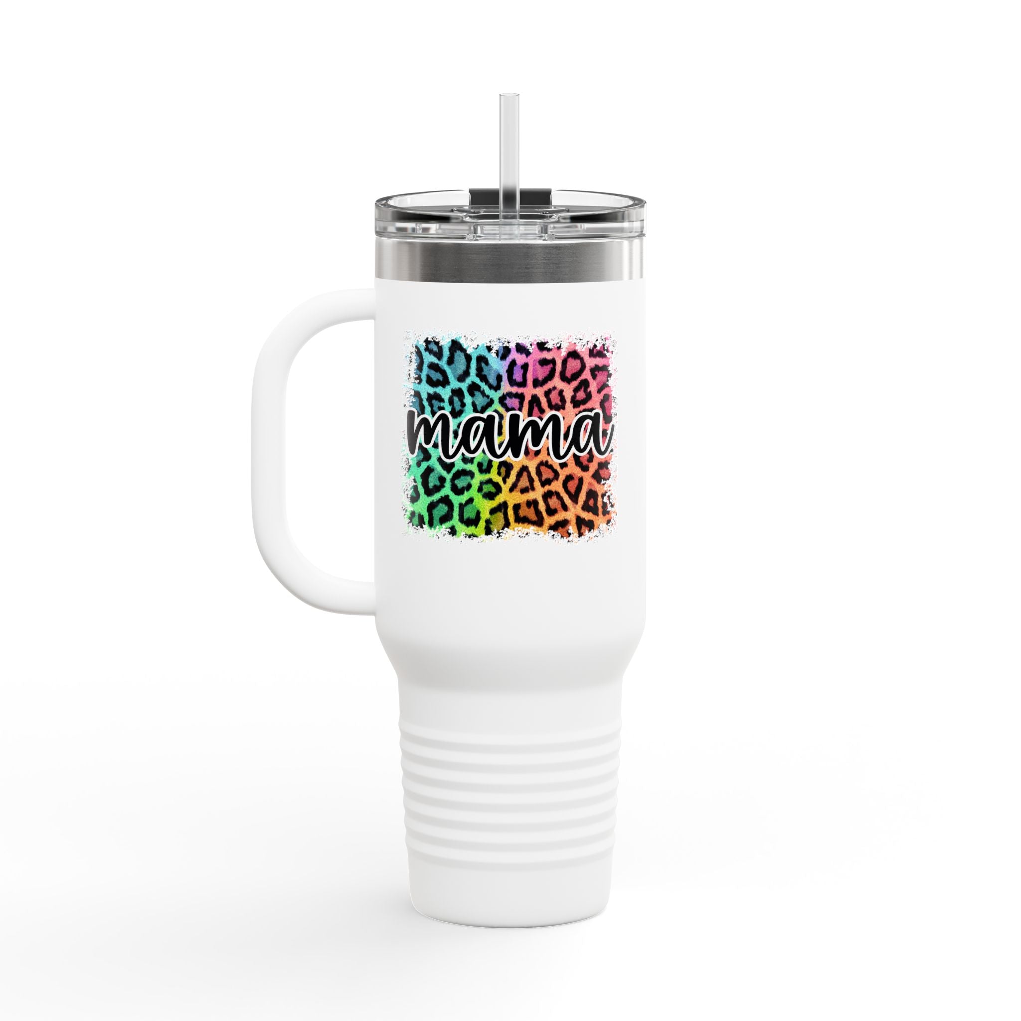 40oz Insulated Travel Mug — Colorful Leopard 'Mama' Design, Thermal Tumbler for Moms