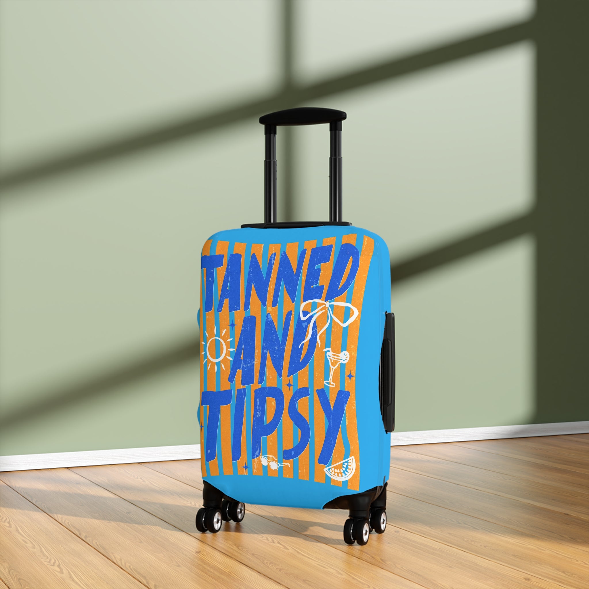 Tanned and Tipsy Luggage Cover | Bright Retro Sun Palm Travel Protector
