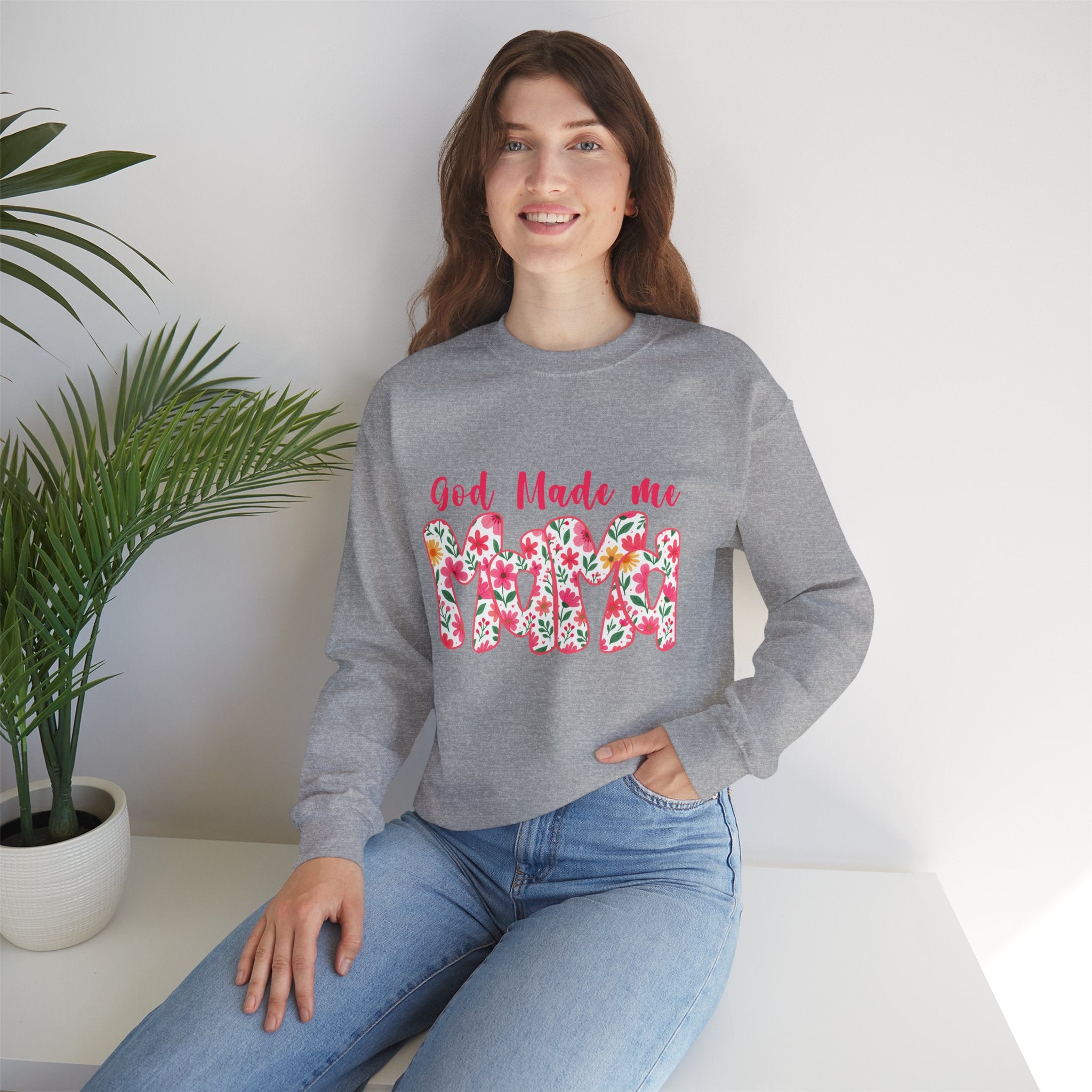 Crewneck Sweatshirt — "God Made Me Mama" Floral Graphic